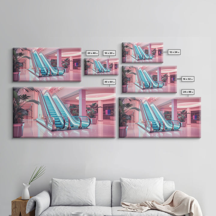 The Mall Before Opening On A Saturday Morning, Framed Canvas Print, Retro Vaporwave Aesthetic 1980s Vibes Wall Art