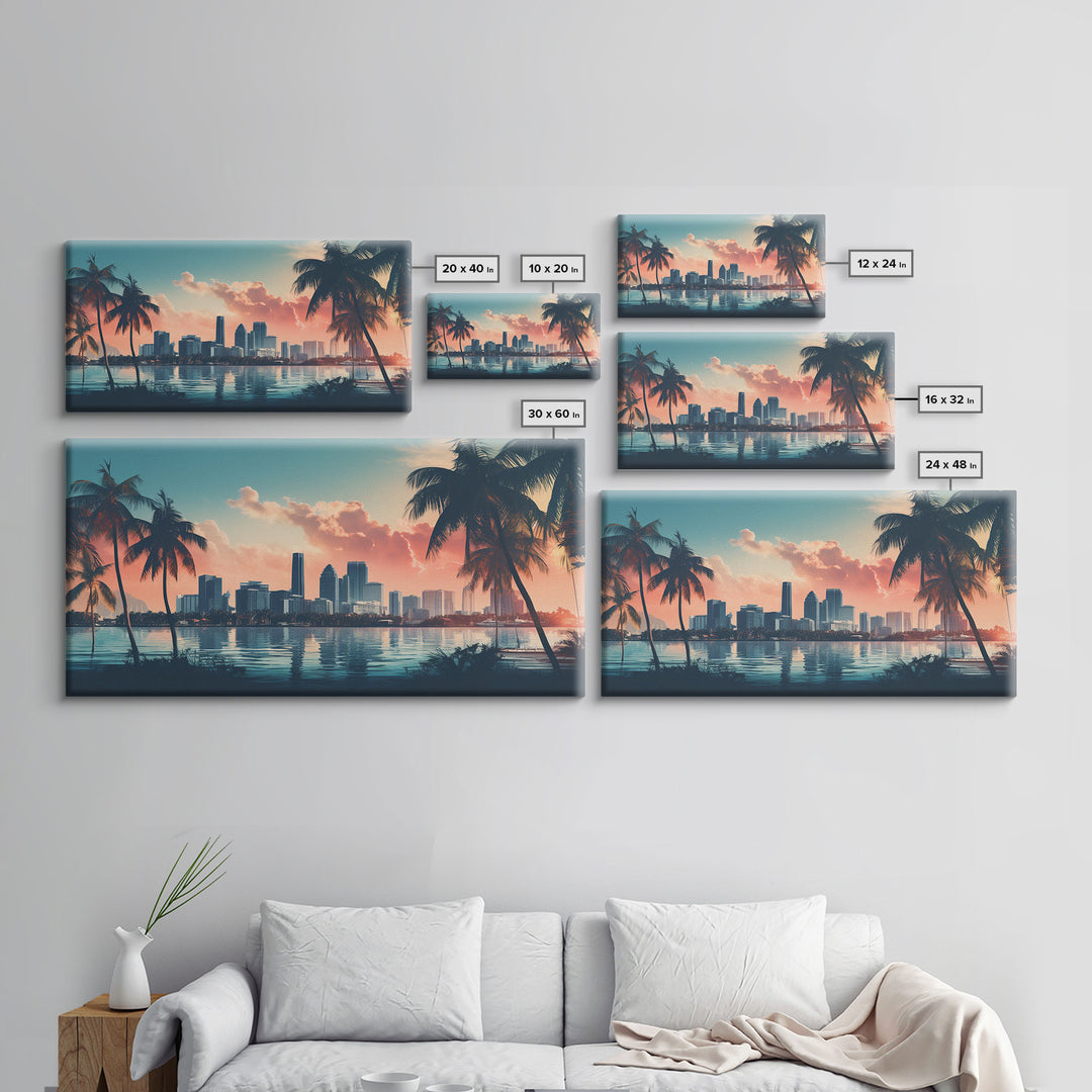 Miami Skyline At Sunrise, Framed Canvas Print, Vaporwave Aesthetic Wall Art, Framed Canvas Art, 1980s Art, Retro Decor