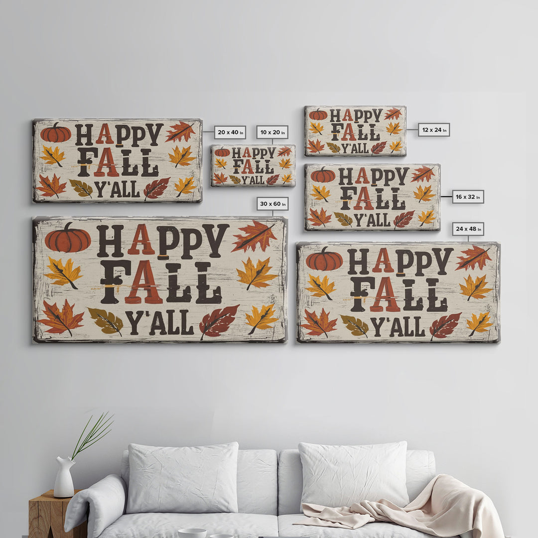 Happy Fall Y'all Typography Art, Modern Farmhouse Wall Decor, Dining Room Wall Sign Kitchen Decor Large Framed Canvas Print, Fall Wall Art