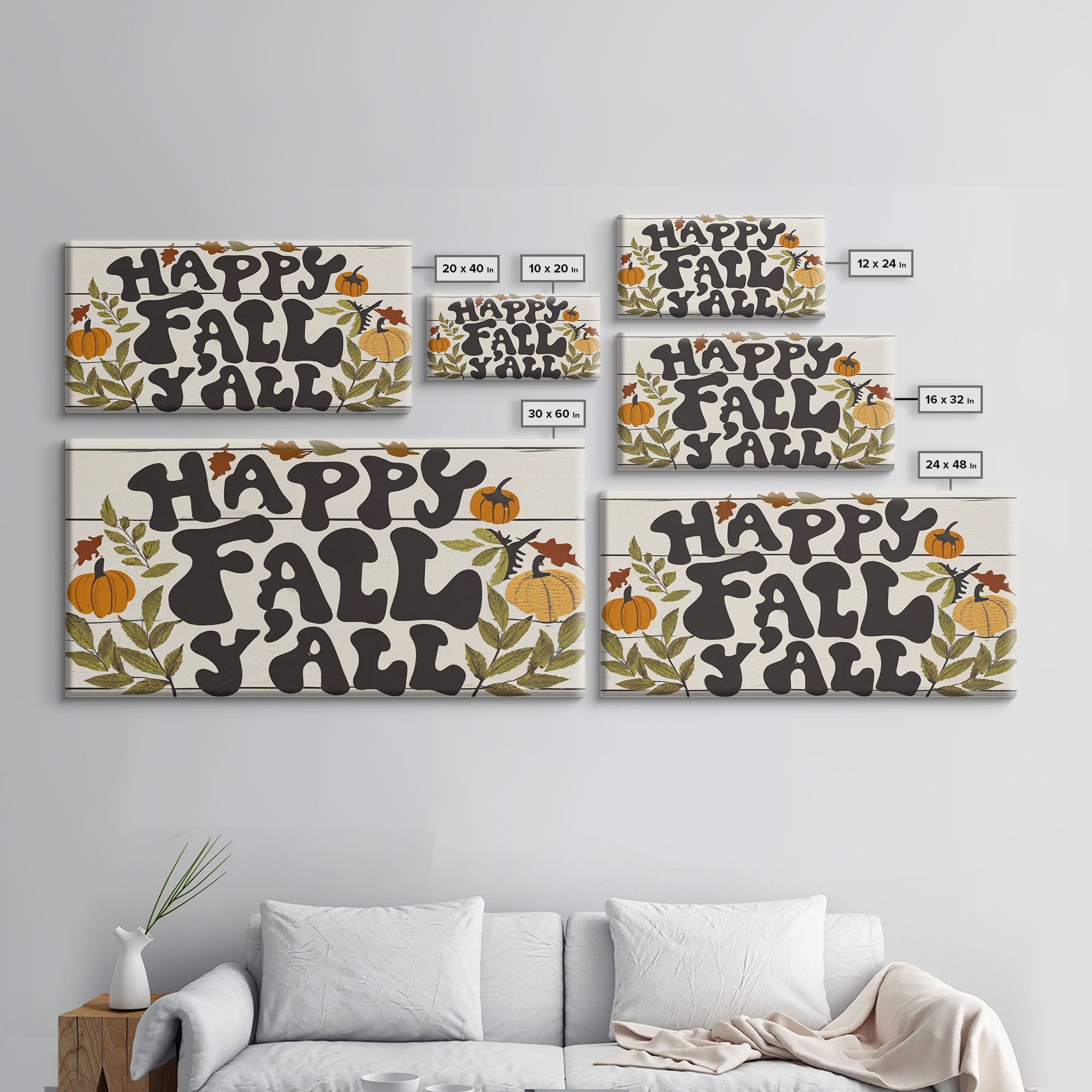 Happy Fall Y'all Typography Art, Modern Farmhouse Wall Decor, Dining Room Wall Sign Kitchen Decor Large Framed Canvas Print, Fall Wall Art