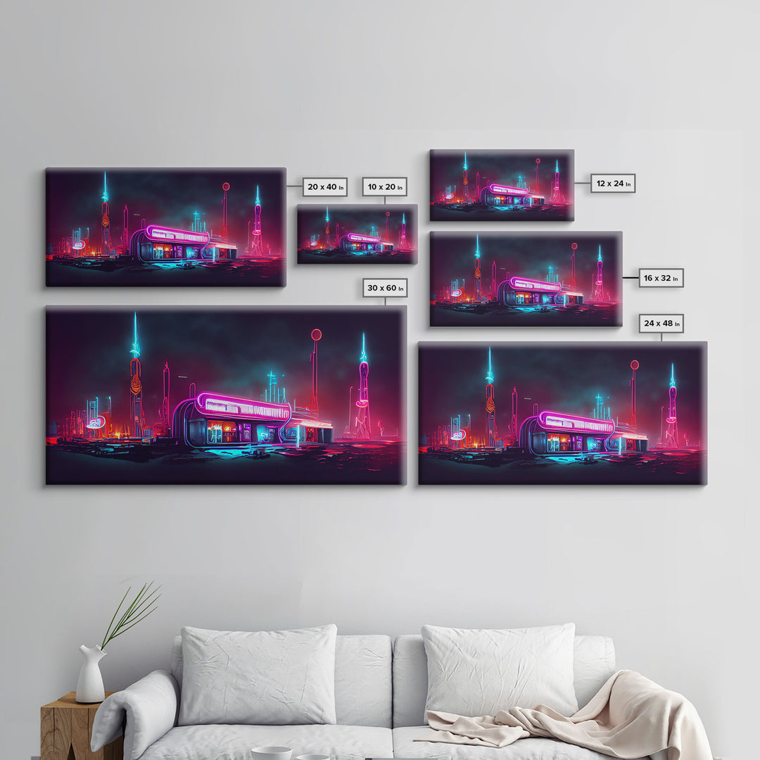 Neon Cyberpunk Diner, Retrofuturism, Framed Ready To Hang Canvas Print, beautiful wall art, guest room decor