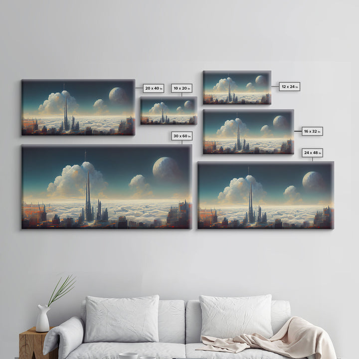 View From Above The Clouds, Cyberpunk City, Futuristic Abstract, ready to hang canvas print wall art, framed canvas wall art