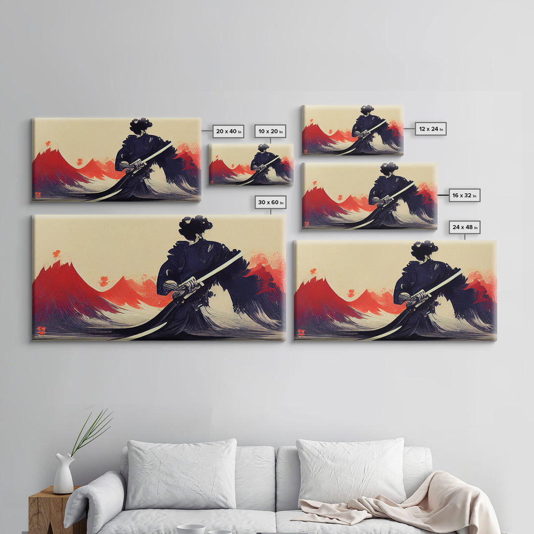 Japanese Samurai Superimposed Over Mountains, ready to hang canvas print wall art, framed canvas wall art, mancave wall art