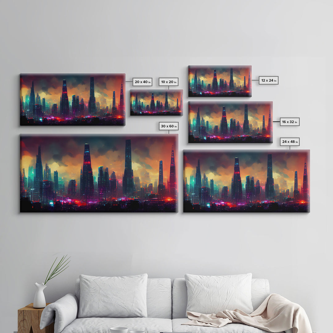 Dystopian Cyberpunk City, ready to hang canvas print wall art, framed canvas wall art, mancave wall art, Cyberpunk Art