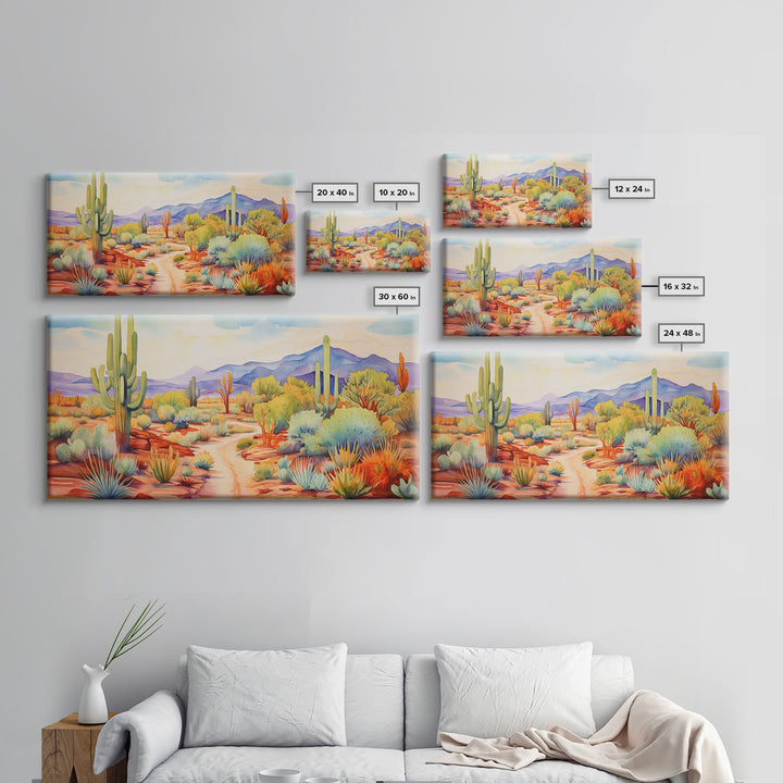 Southwestern Desert Landscape Print, Floral Print, Framed Canvas Art, Vibrant Cactus Desert Art, Mid-Century Modern, Pastel Desert Art