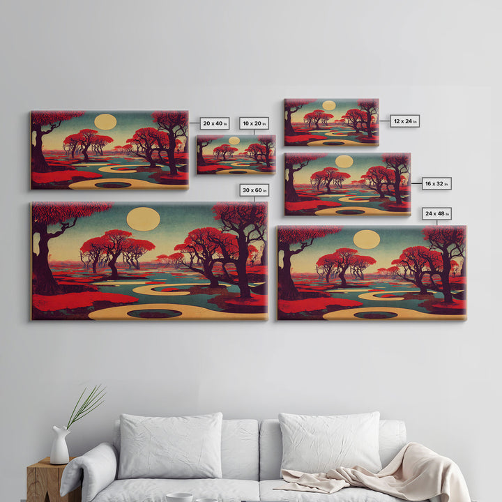 Psychedelic Crimson Red Cherry Blossom Trees, Ready To Hang Canvas Print, Framed Wall Art