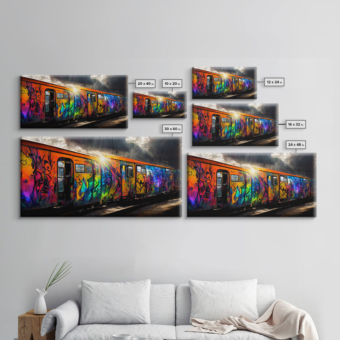 Box car graffiti art, wall decor, train box car, ready to hang canvas print wall art, rainbow train wall art