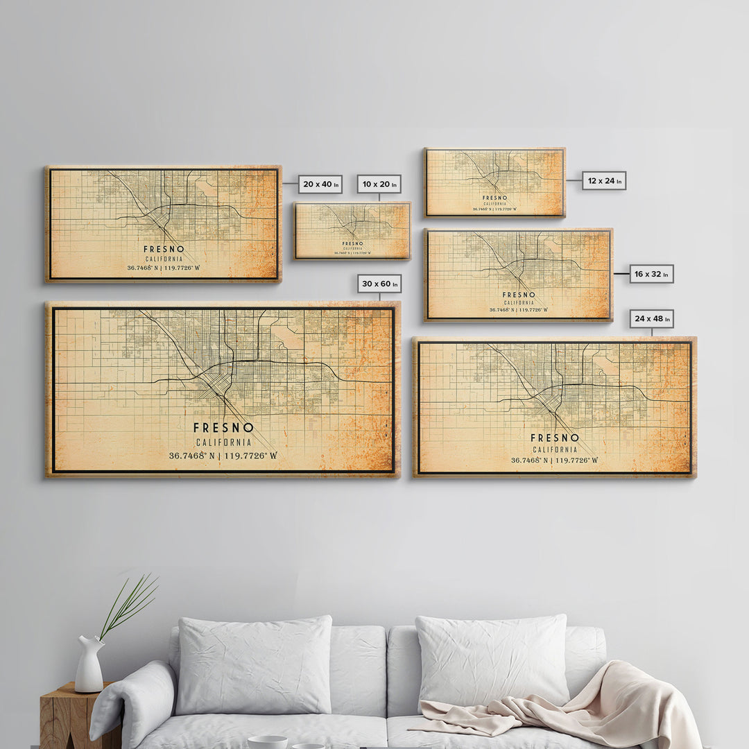 Distressed Fresno California Map, Framed Canvas Print Or Poster, California Map Print, Freso City Wall Art Map Print, Rustic Map Art