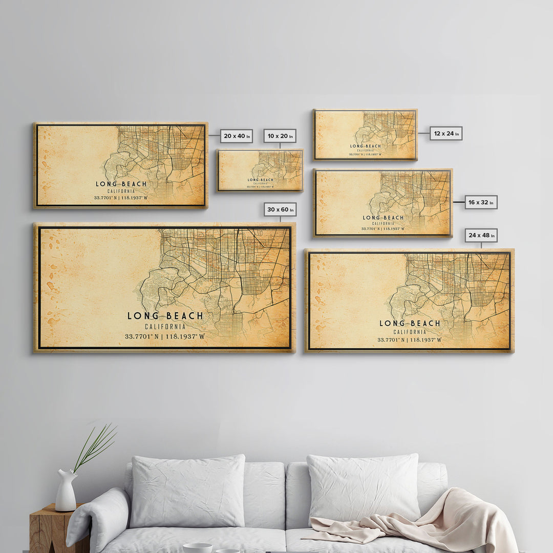 Long Beach map print poster or framed canvas | California map print poster canvas | Long Beach city map print poster canvas, distressed map