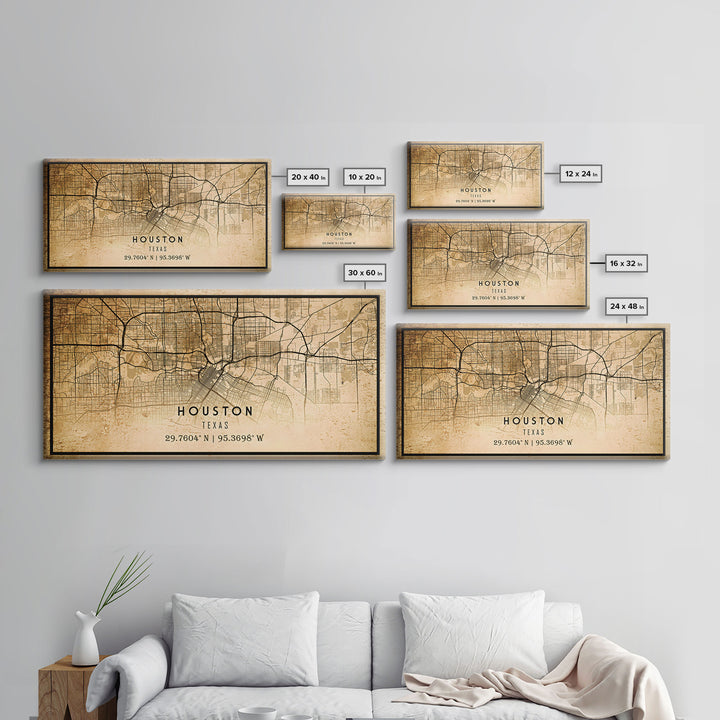 Houston Vintage Map Print, Framed Canvas, Houston Map, Texas Map Art, Houston City Road Map Poster, Vintage Map