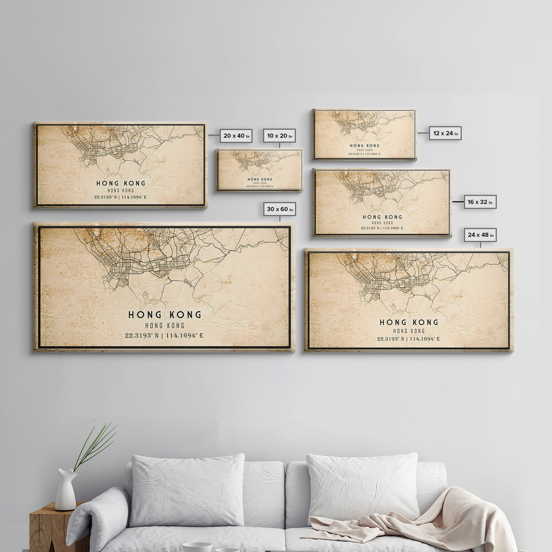 Vintage Hong Kong City Map Wall Art Canvas Print, Distressed Hong Kong Map, Framed Wall Art, Cool Hong Kong Travel Wall Art, Office Art