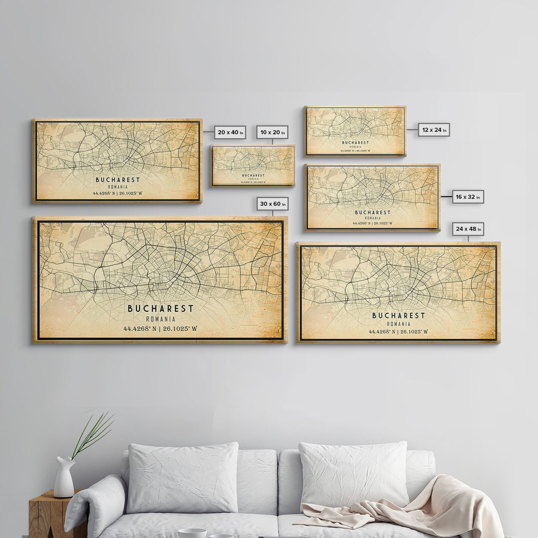 Vintage Style Bucharest City Map Wall Art Canvas Print, Distressed Bucharest Map, Framed Wall Art, Cool RomaniaTravel Wall Art, Office Art