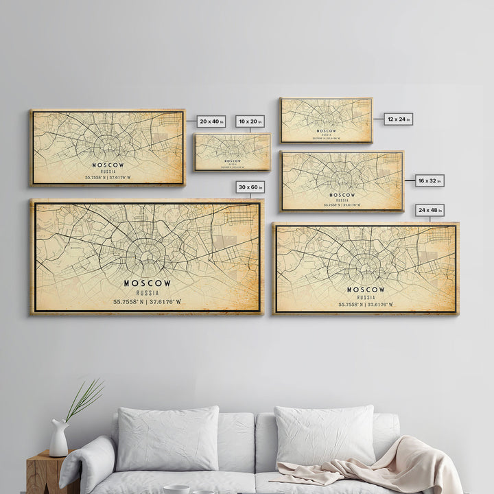 Vintage Style Moscow City Map Wall Art Canvas Print, Distressed Moscow Russia Map, Framed Wall Art, Cool Moscow Travel Wall Art, Office Art