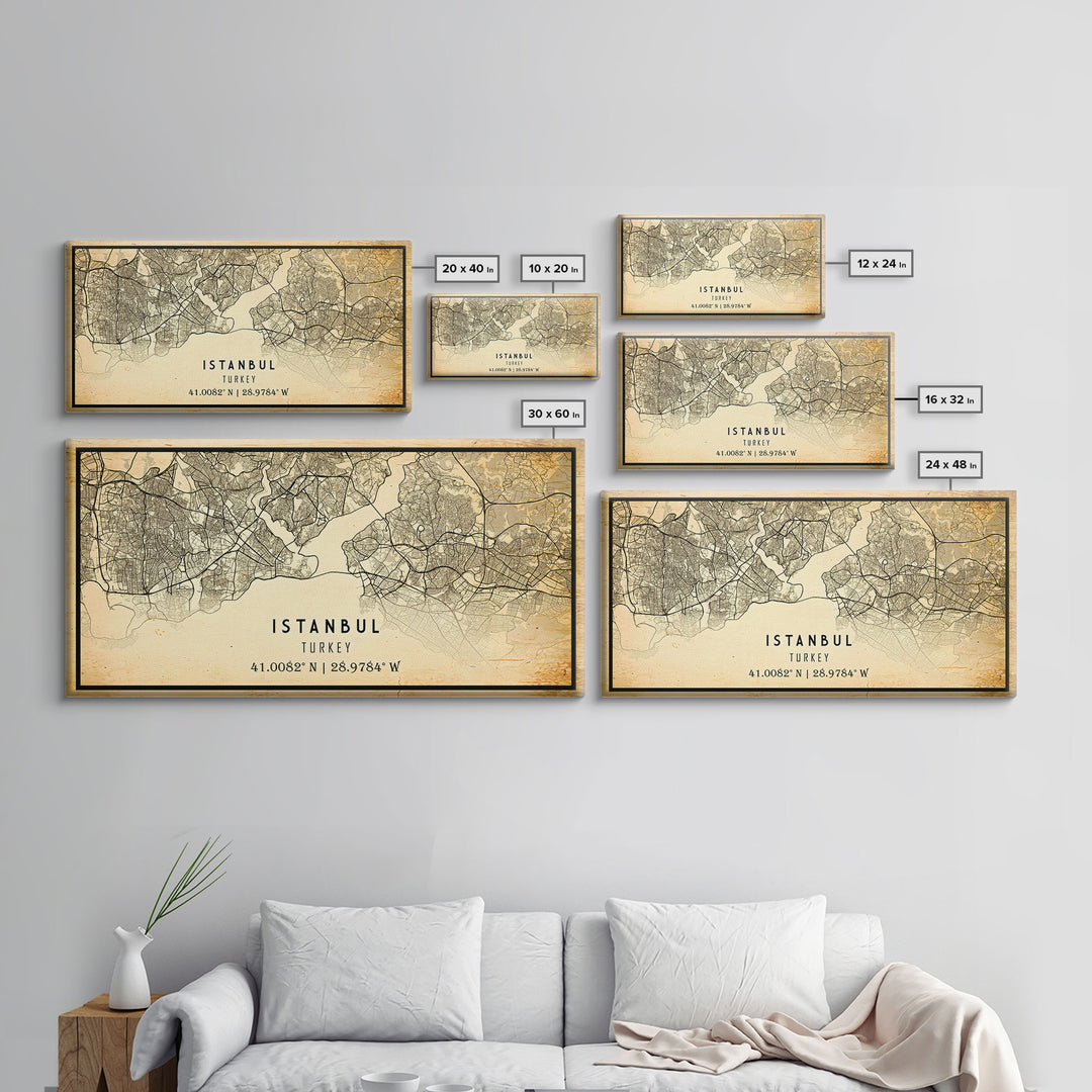 Vintage Istanbul City Map Wall Art Canvas Print, Distressed Istanbul Map, Framed Wall Art, Cool Istanbul Turkey Travel Wall Art, Office Art