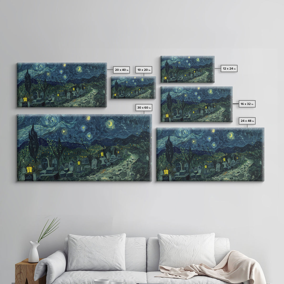 Starry Night Inspired Haunted Cemetery, Framed Canvas Print, Spooky Season Gift Idea, Halloween Decor, Halloween Prop