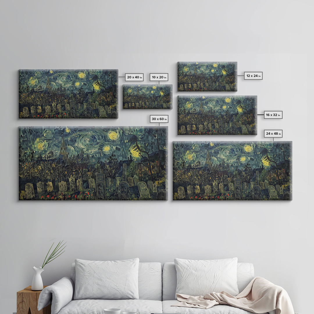 Starry Night Inspired Haunted Cemetery, Framed Canvas Print, Spooky Season Gift Idea, Halloween Decor, Halloween Prop