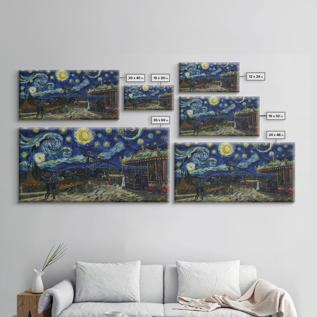 Spooky Haunted Carnival, Framed Canvas Print, Starry Night Inspired Spooky Season Wall Art, Halloween Prop