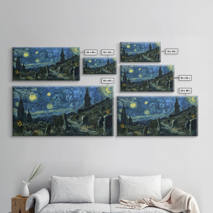 Starry Night Inspired Haunted Cemetery Framed Canvas Print, Halloween Wall Decor, Art Prints, Creepy Art, Spooky Vibes