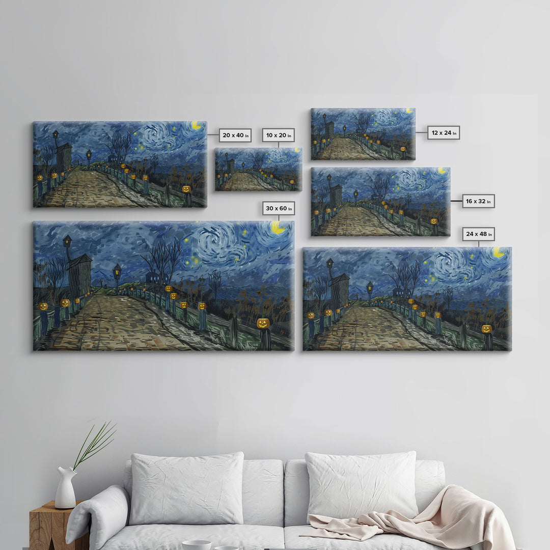 The Haunted Bridge, Framed Canvas Print, Spooky Home Decor, Starry Night Inspired