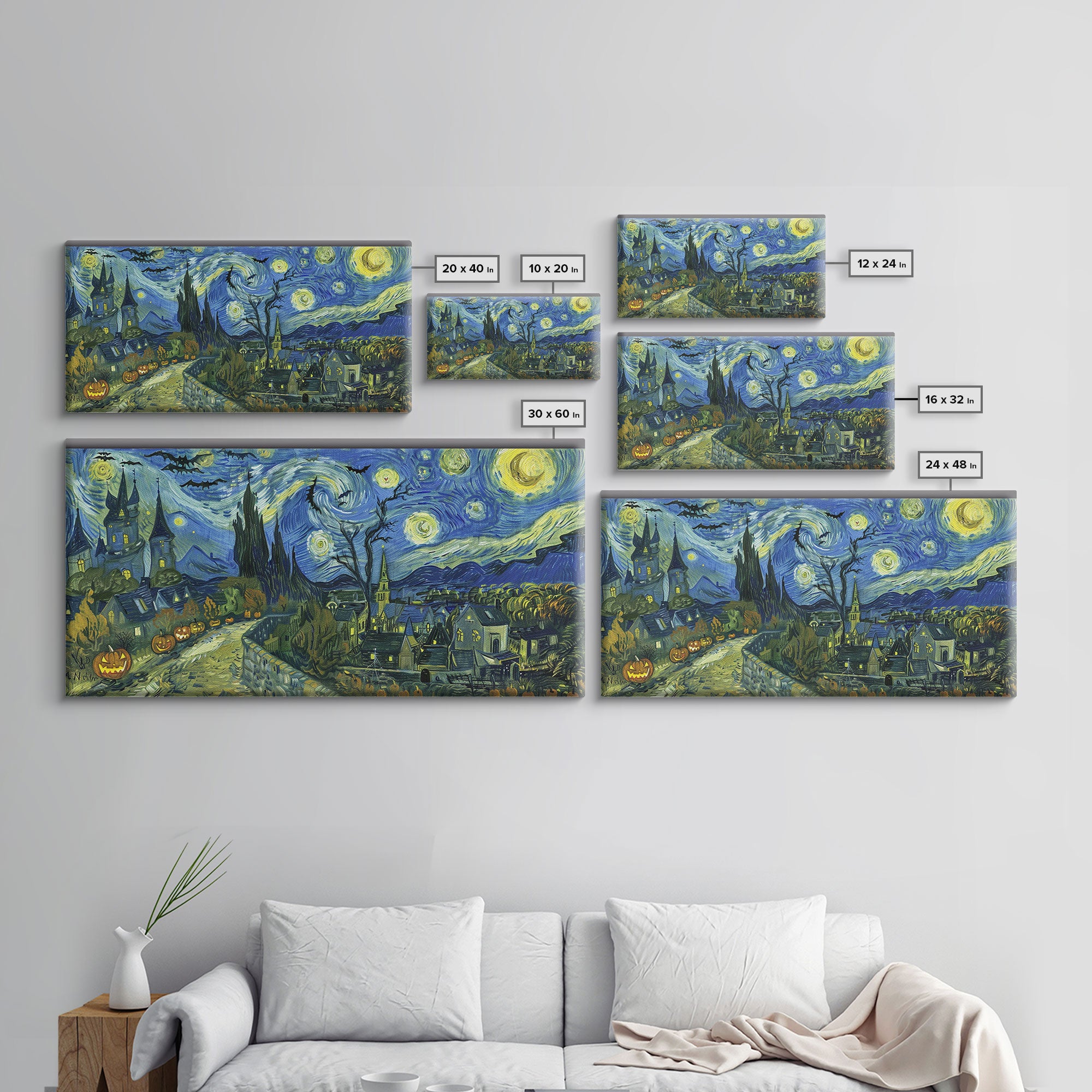 Spook Vibes Wall Art - Framed Canvas Print - Victorian Era London Starry Night Inspired Spooky Month Decor