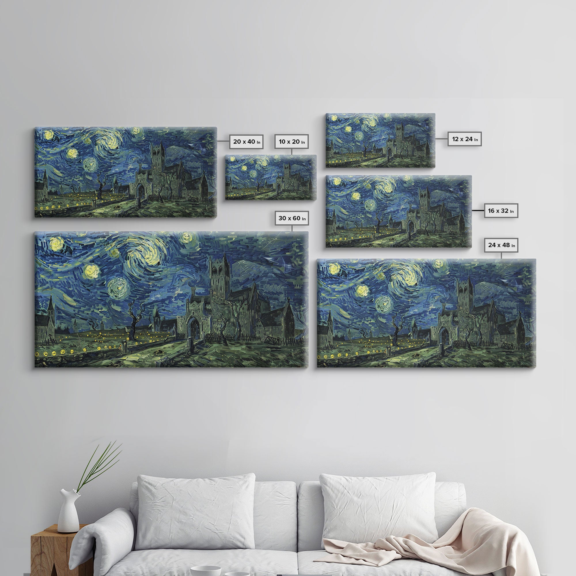 The Haunted Castle - Framed Canvas Print - Halloween Decor - Starry Night Inspired Dark Academia Halloween Wall Art