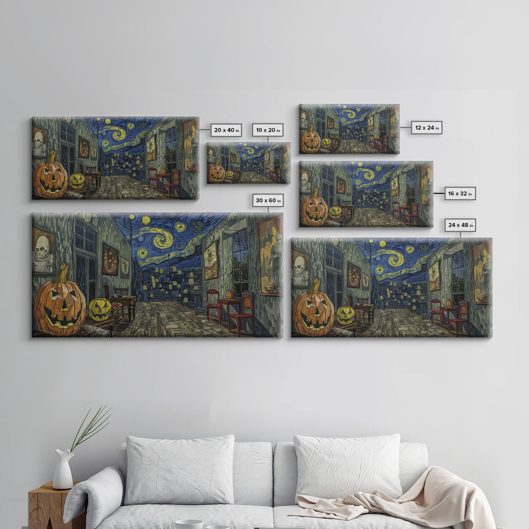 Starry Night Inspired Halloween Decor, Framed Canvas Print, Haunted Grave Yard