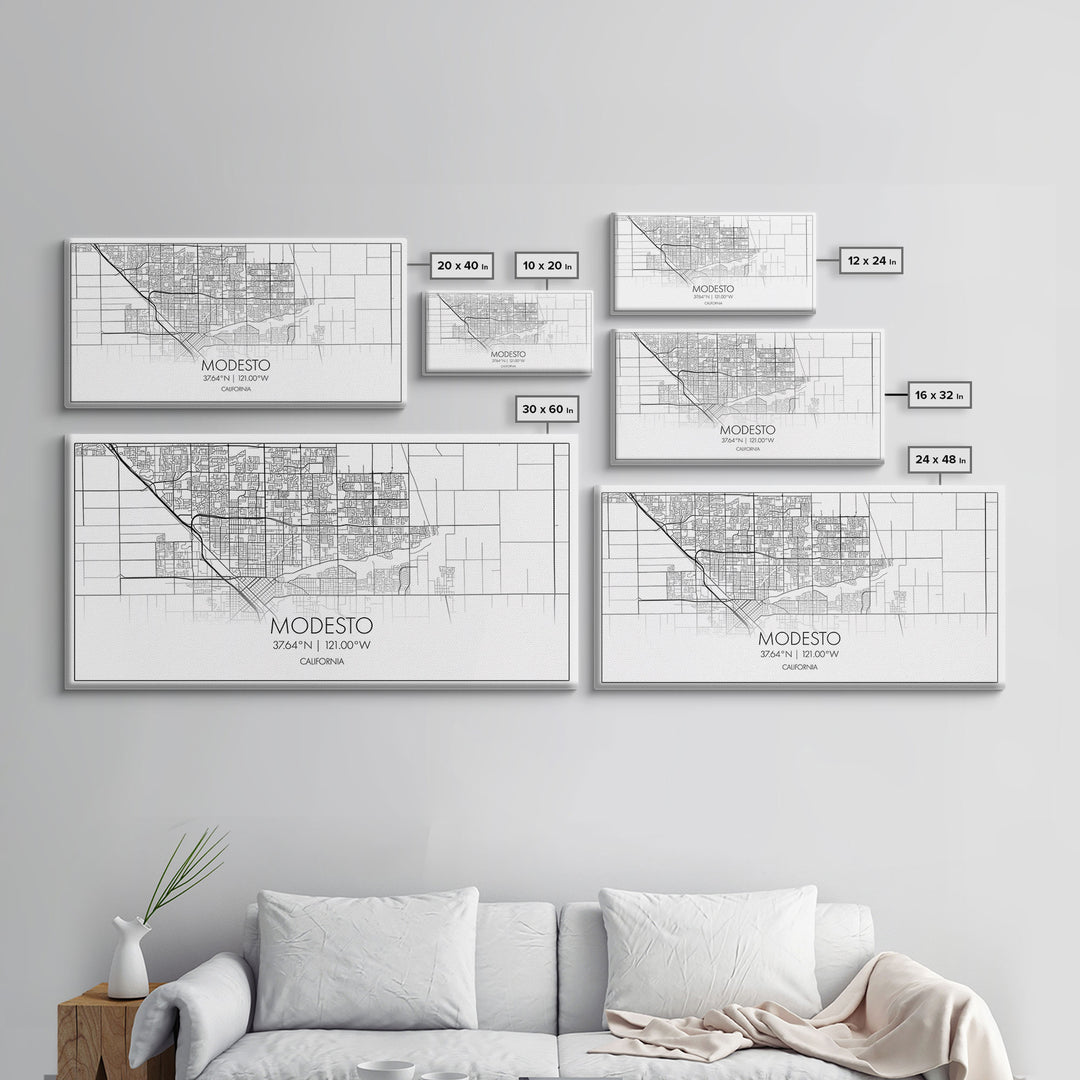 Modesto City Map, California Map, Map Art, Minimalist Wall Art, Wall Art, Canvas Art, Gift For Wife, Dorm Room Prints, Horizontal Wall Art