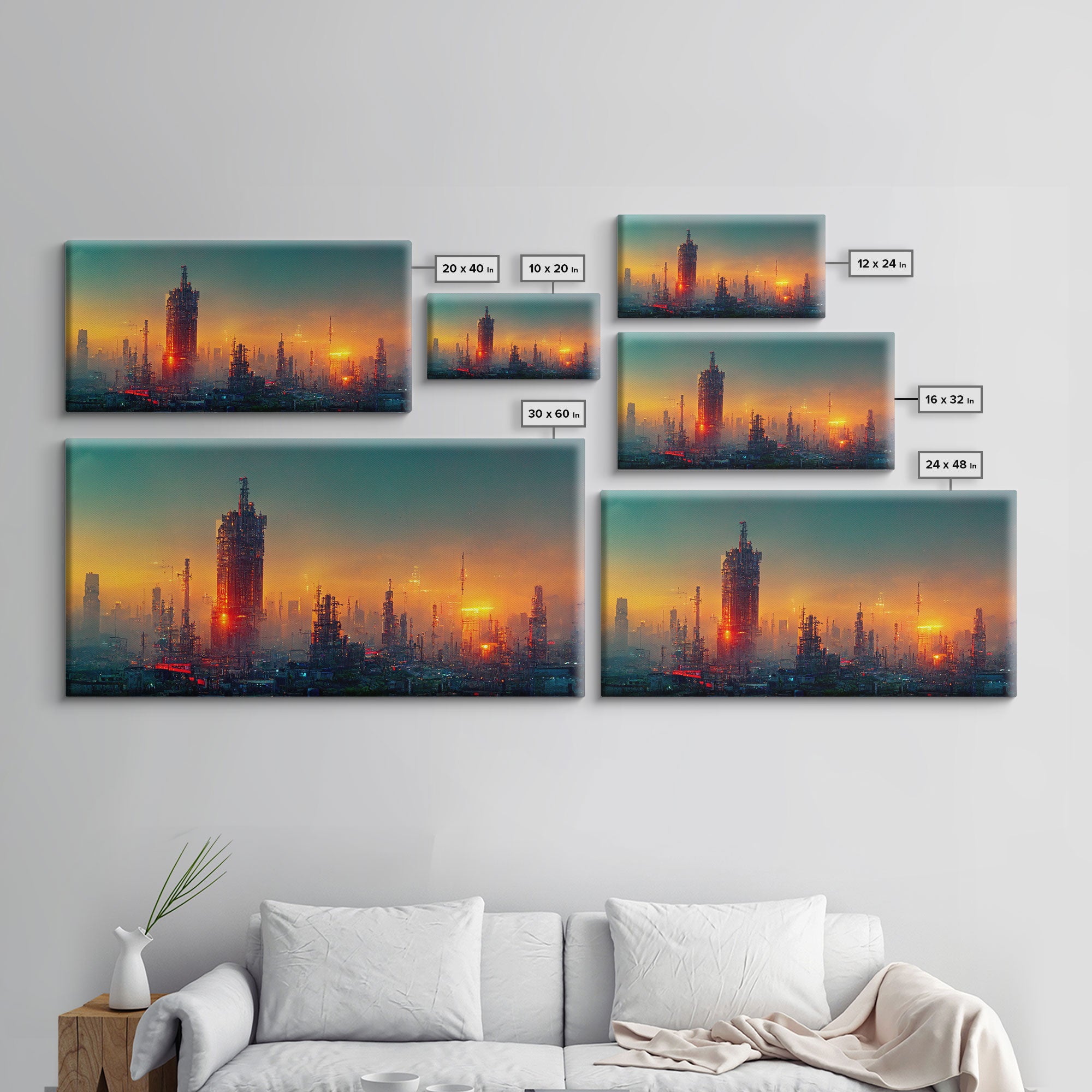 Cyberpunk city canvas art, video game concept art, living room wall art, dystopian art, outrun style city at sunset, man cave wall art