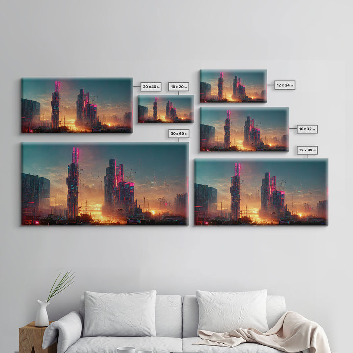 Cyberpunk city canvas, video game concept art, living room wall art, dystopian art, outrun style city at sunset, man cave art canvas print