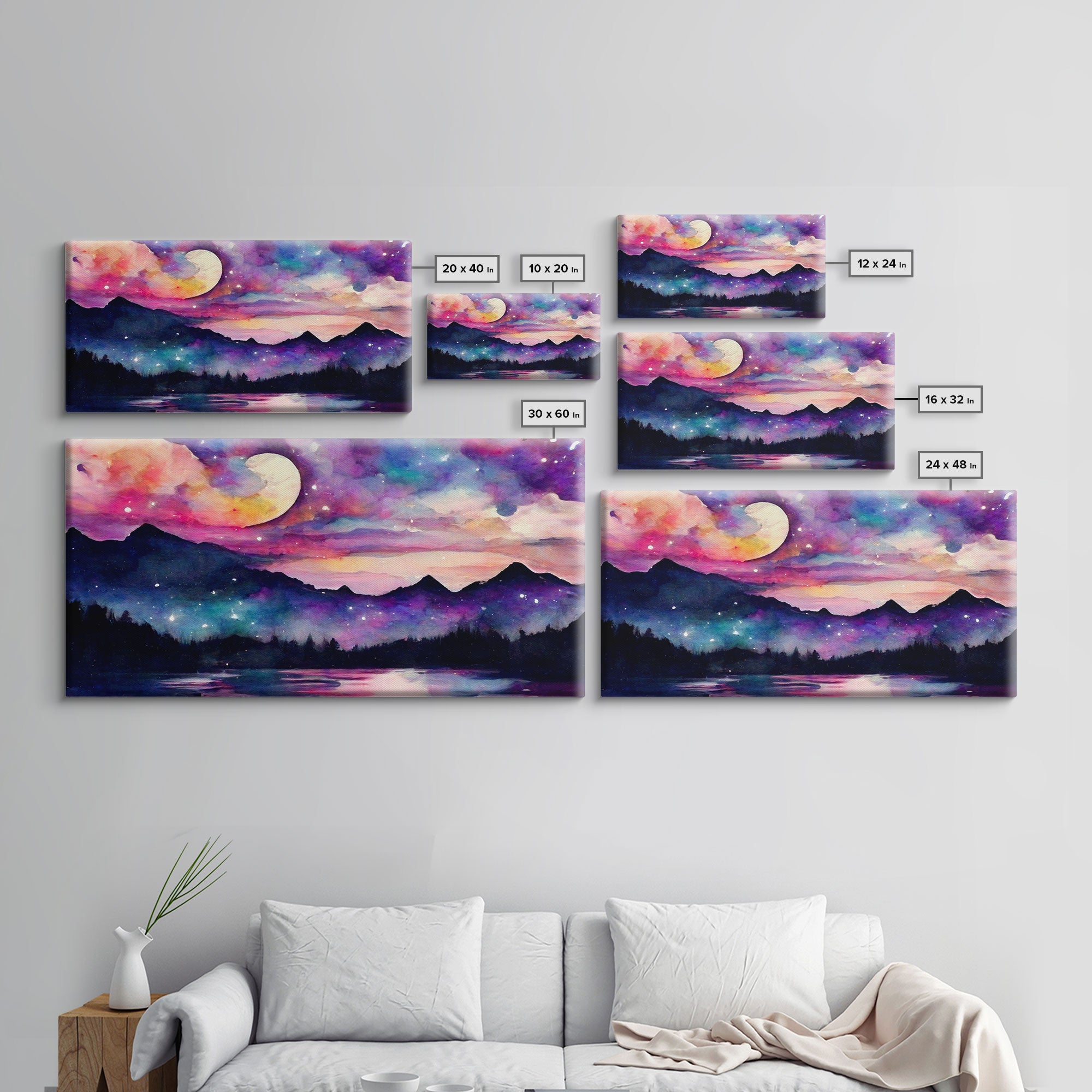 Magical forest canvas print, lake forest & mountains, beautiful wall art for living room, pink and purple wall art