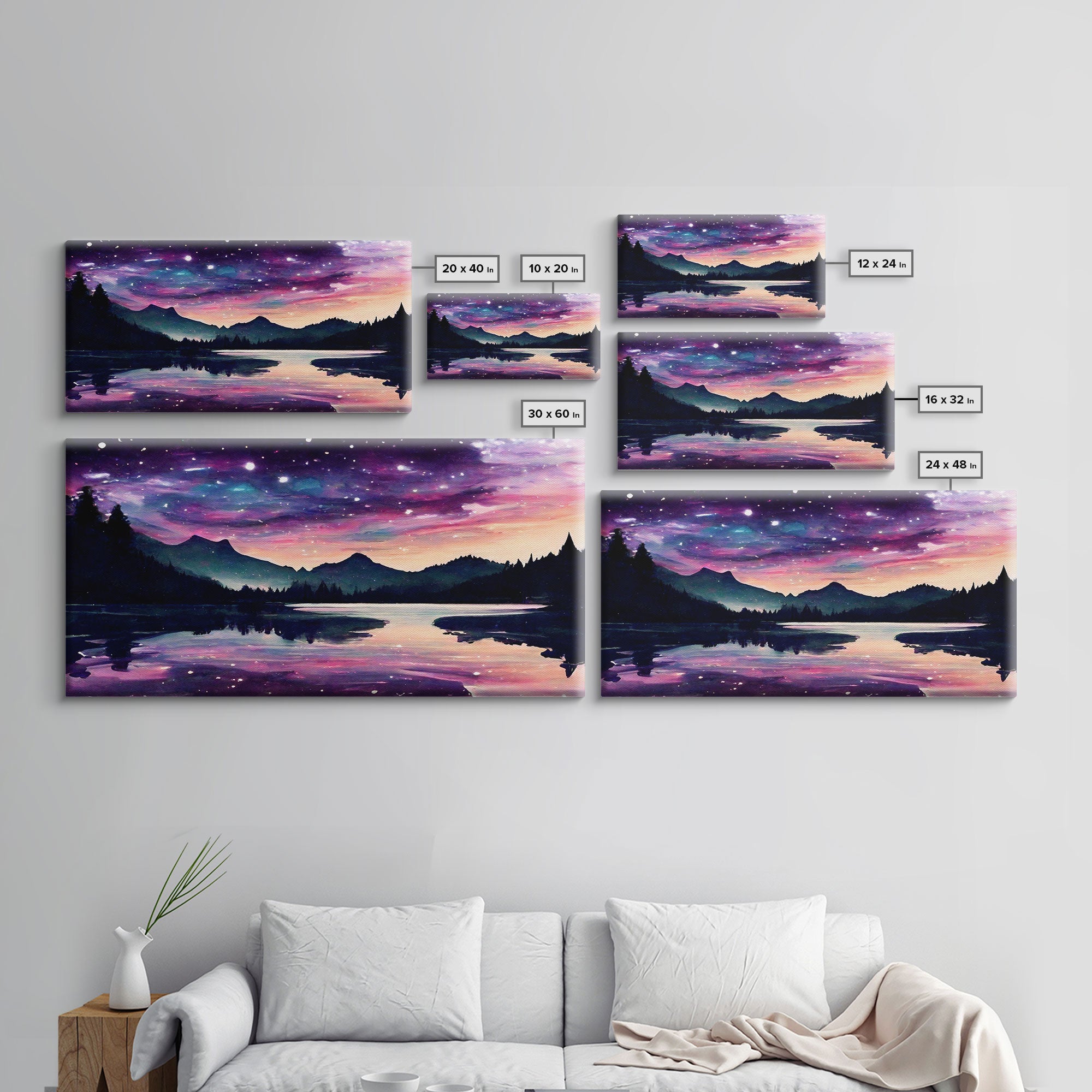 Beautiful lake at night canvas print, purple and pink sunset night sky, wall art canvas, lake front view, guest room wall art