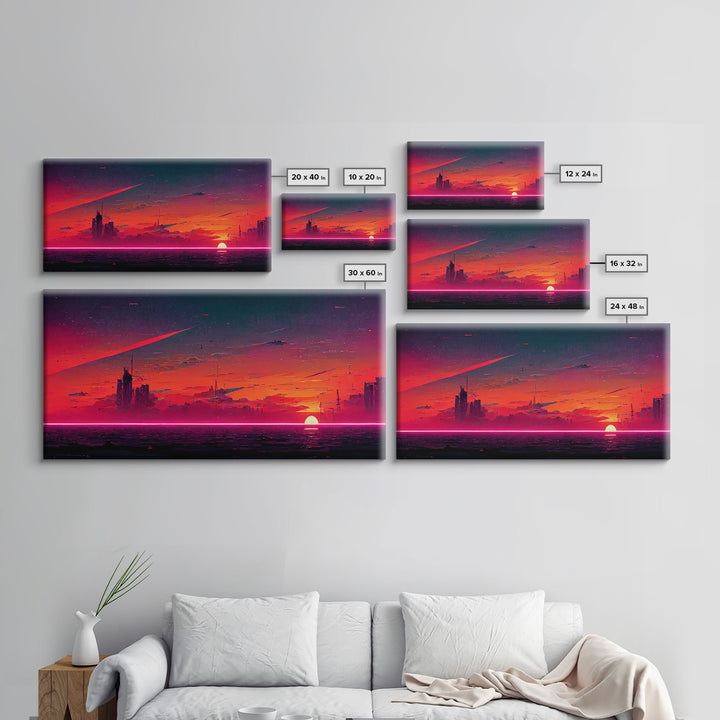 Cyberpunk lake art, city canvas, video game concept art, living room wall art, dystopian art, outrun city at sunset, man cave canvas print