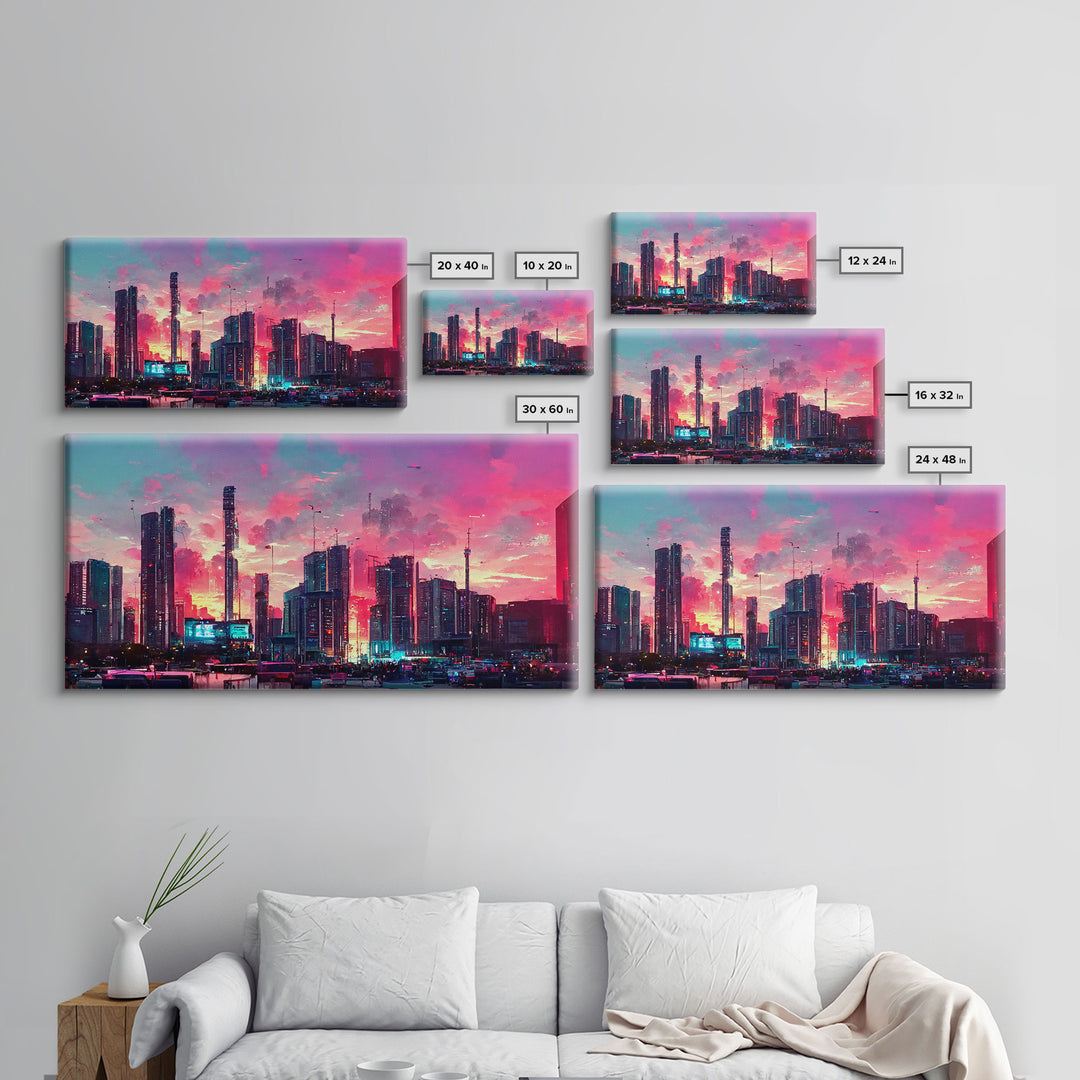 Cyber punk city skyline canvas print, outrun sunset, synthwave, vapor wave, dystopian city at sun set, mancave wall art, video game concept