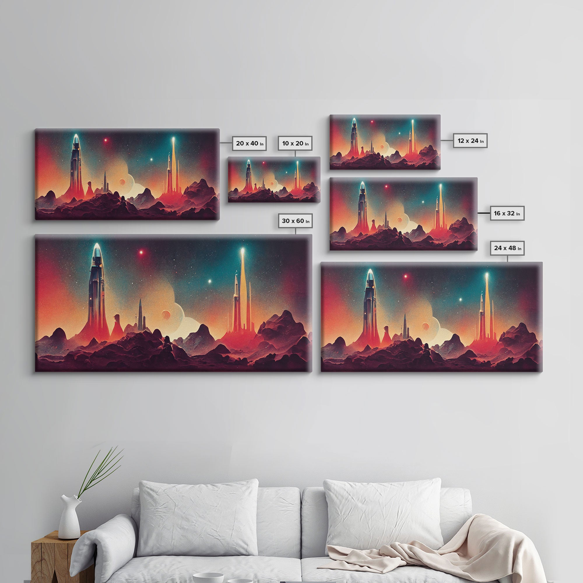 Art deco style space canvas print, space ship art, space art, outrun style, sci-fi themed art print, science fiction wall art