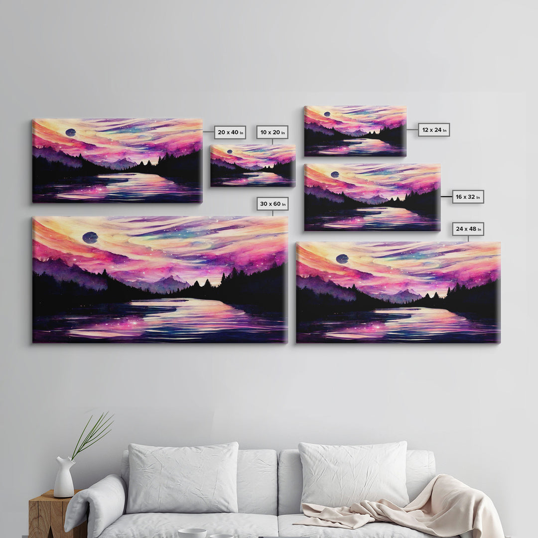 Beautiful lake at night canvas print, purple and pink sunset night sky, wall art canvas, lake front view, guest room, surreal Lakehouse Art