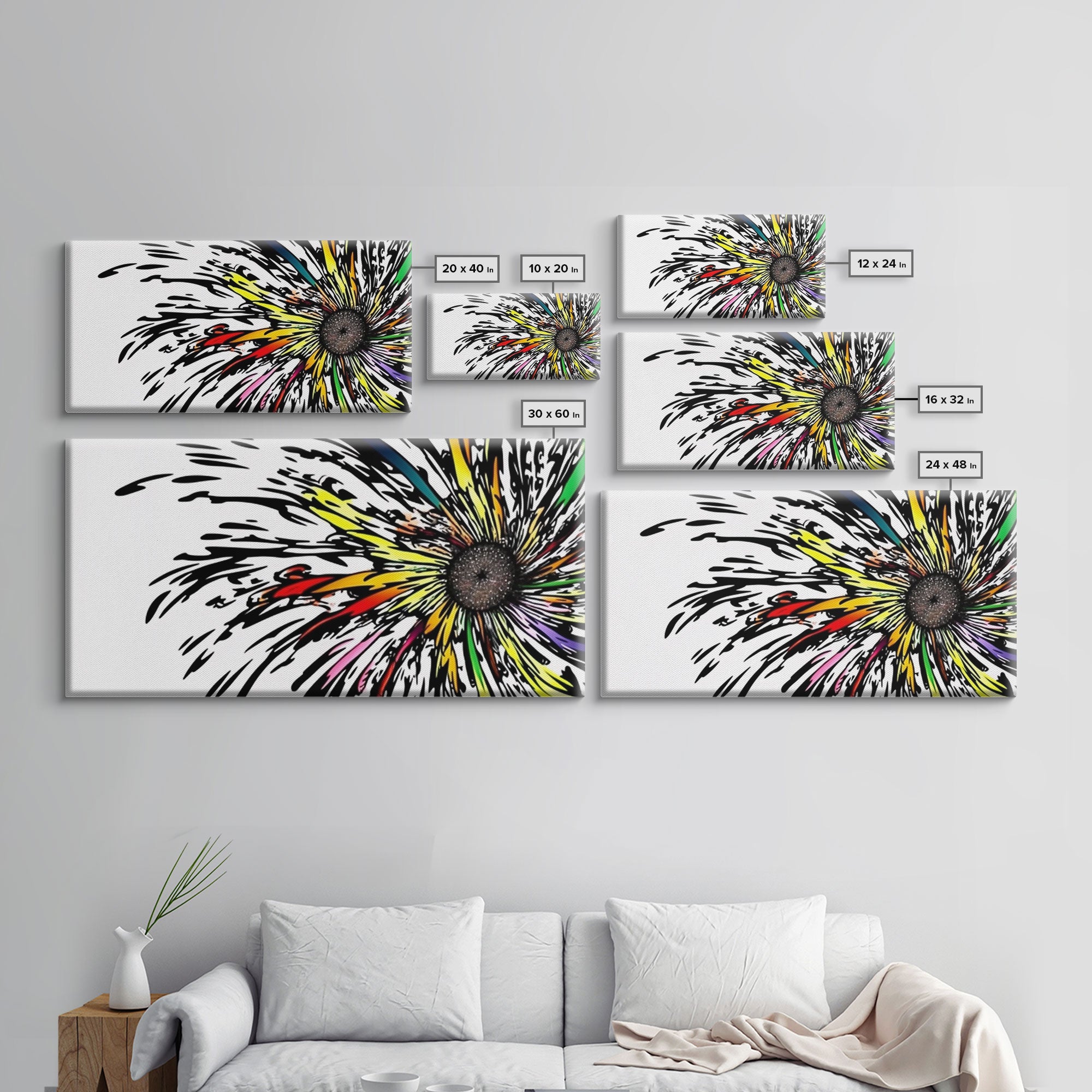 Abstract Flower Art - Exploding Flower - Rainbow Flower Painting / Canvas Print - Framed Wall Art - Unique Minimalist / Expressionist Art