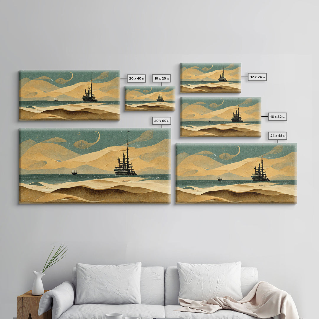 Art deco canvas print, pirate ship at sea beyond the sand dunes, living room wall art