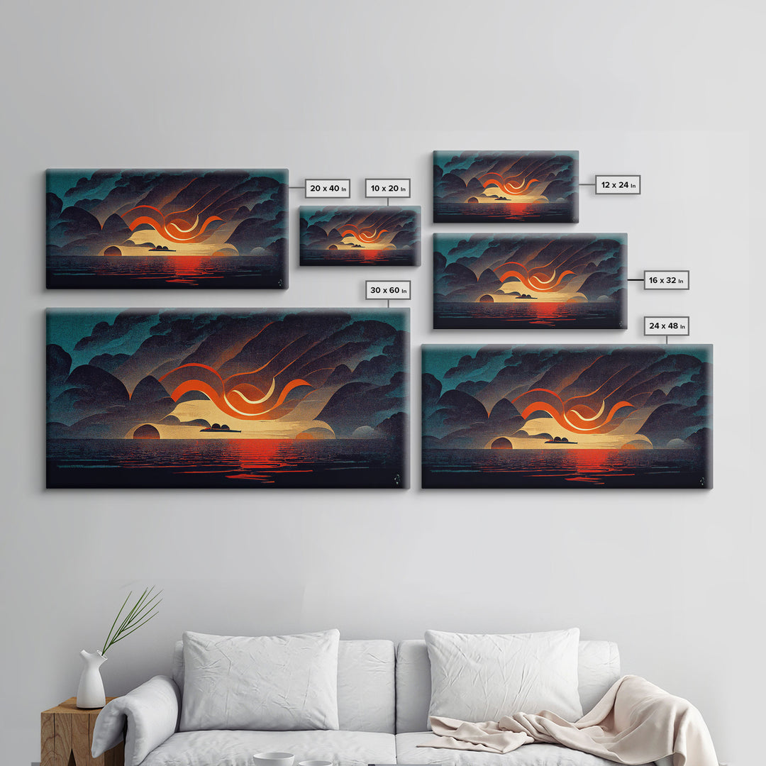 Abstract art deco sunset canvas print, sunset over the vast ocean, living room art