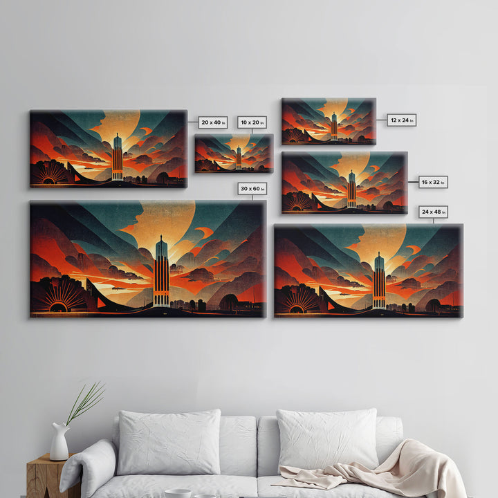 Dystopian metropolis canvas print, ready to hang wall art, art deco sunset, 1930s architecture, living room art, art nouveau