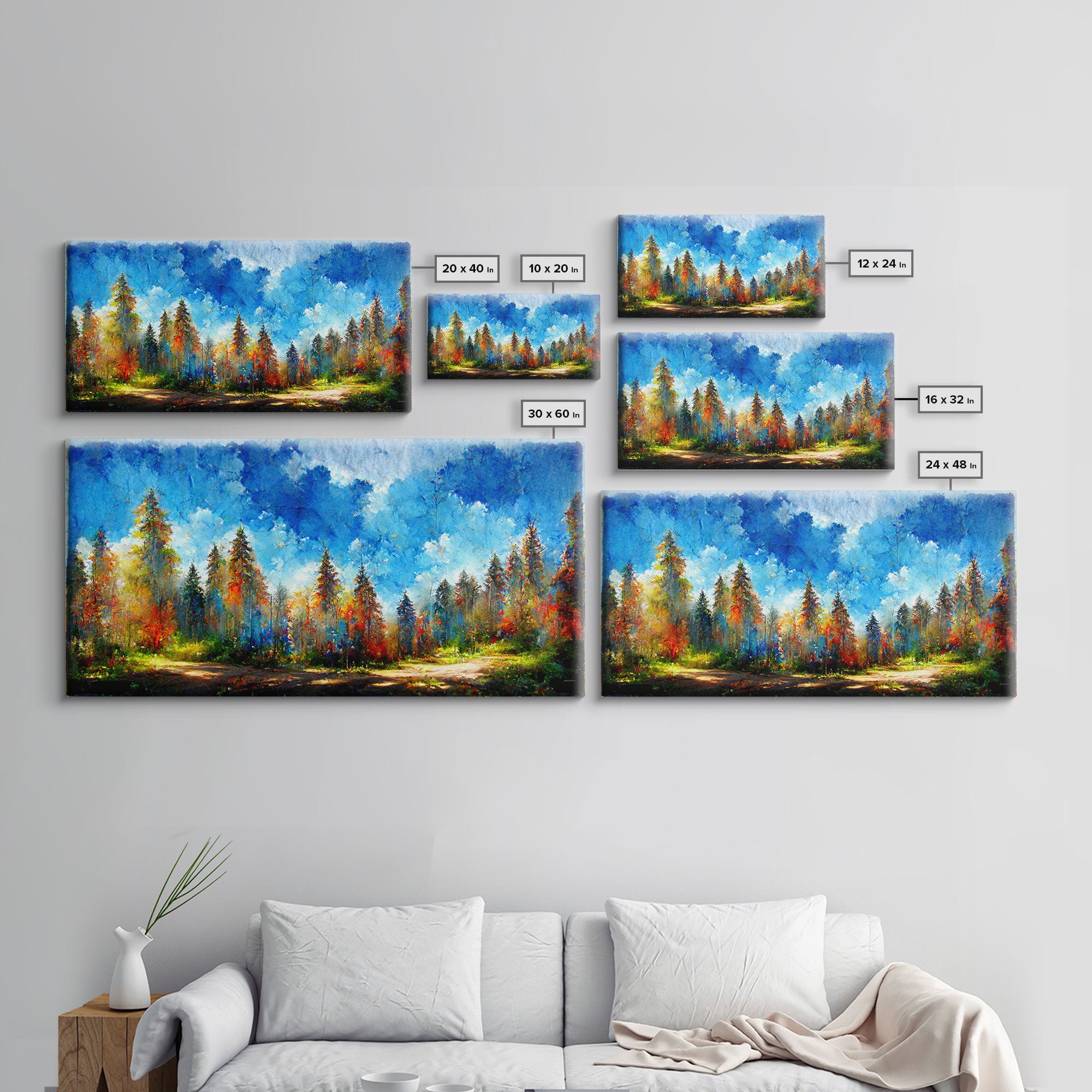 Beautiful Forest Sunset Oil Painting Canvas Print, Blue Skies and Fall Trees, Autumn, Ready to hang gallery wrapped nature canvas print