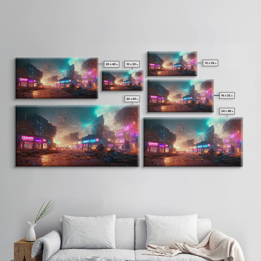 Destitute cyberpunk city with neon signs wall art, Bladerunner vibes art, synthwave style art, cool wall art