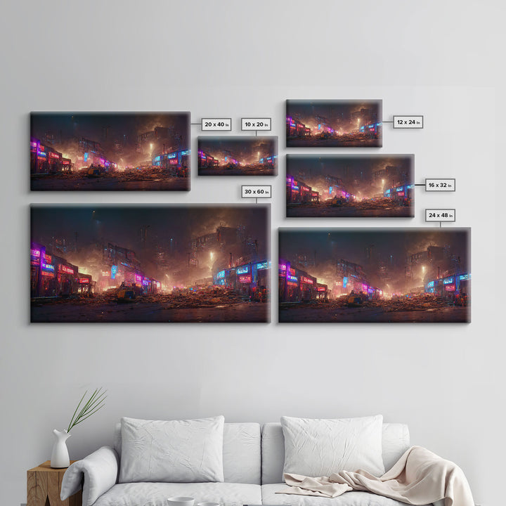 Destitute cyberpunk city with neon signs wall art, Bladerunner vibes art, synthwave style art, cool wall art