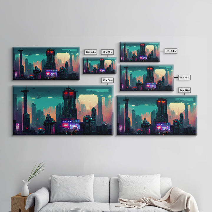 cyberpunk city pixel art canvas print, wall art, Bladerunner vibes art, synthwave style art, cool wall art