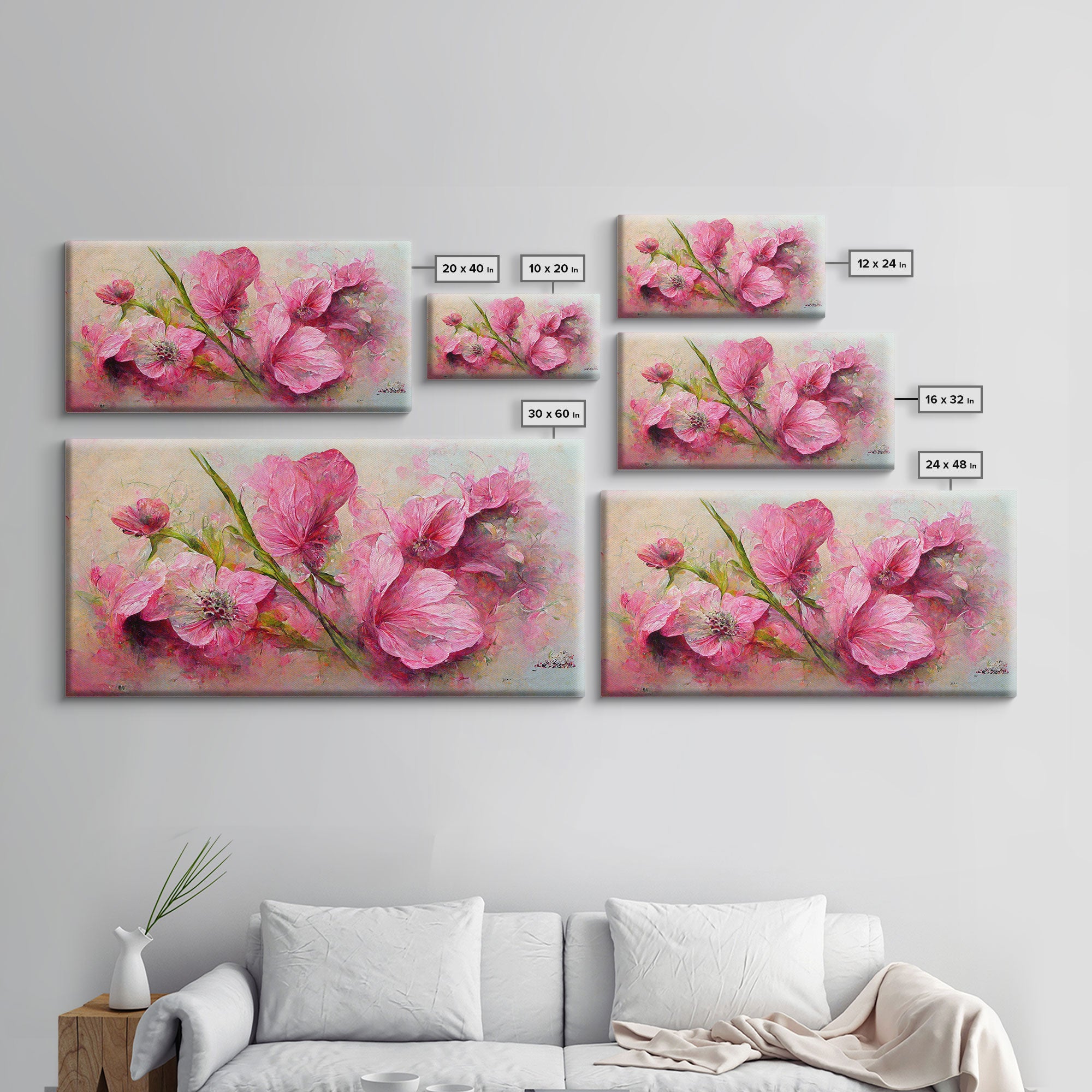 Pink flowers canvas print, oil painting style, living room wall art, guest room art, boho wall decor, floral pattern wall art