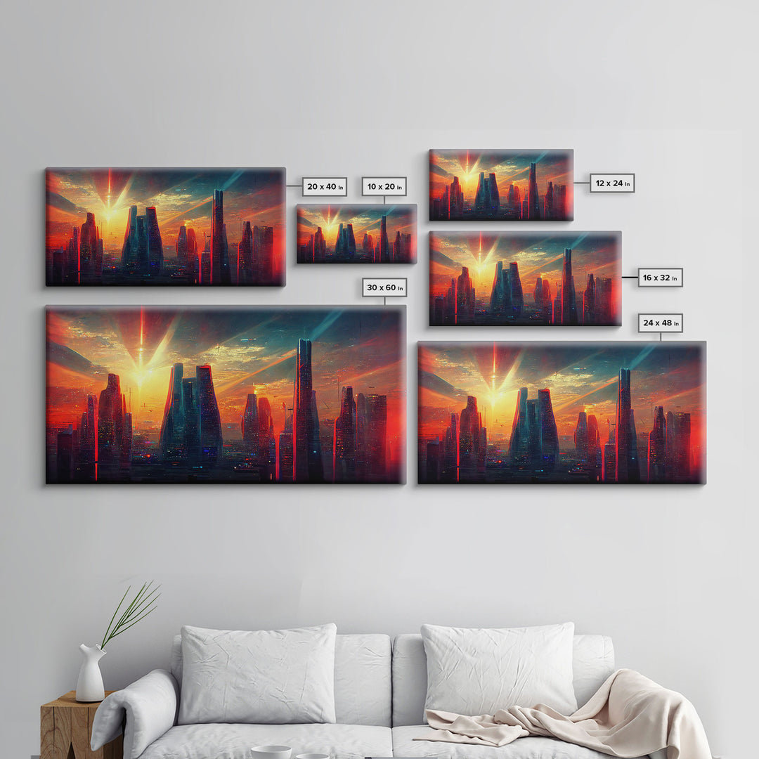 Cyberpunk canvas print, cyber punk city at sunset, Bladerunner vibes art, synthwave style art, cool wall art, night city