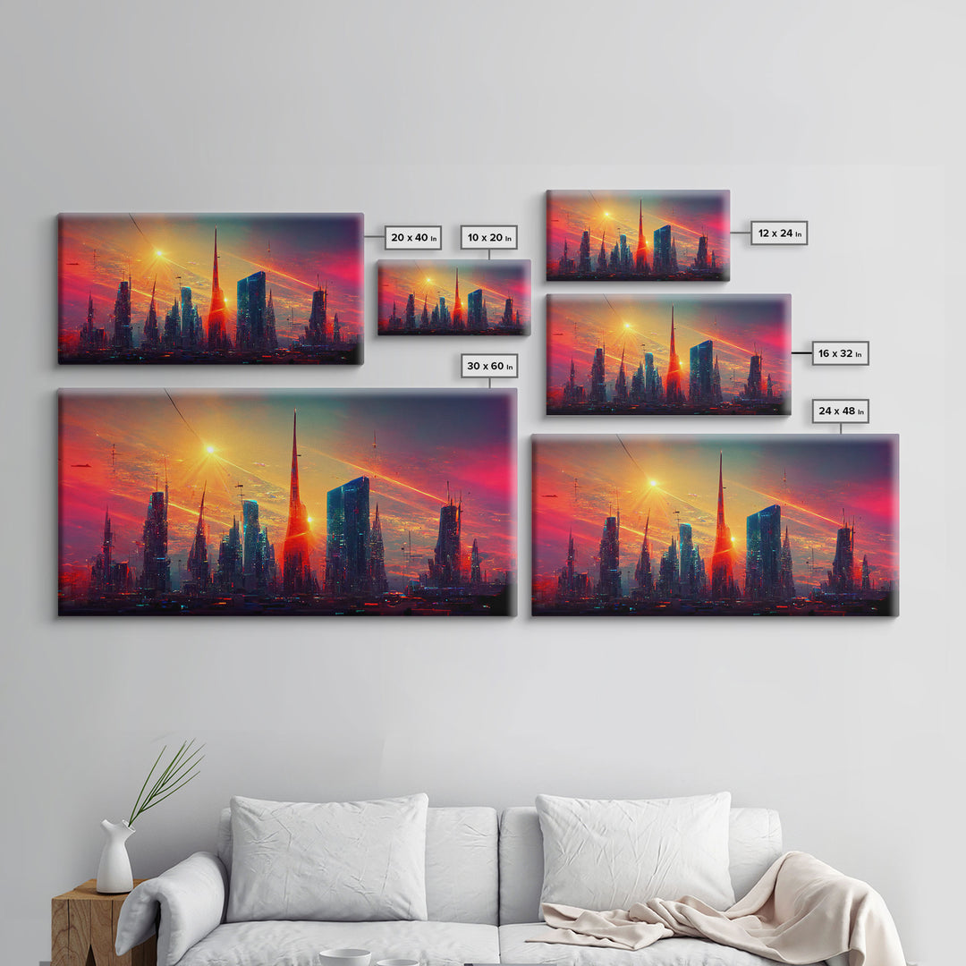 Dystopian Cyberpunk canvas print, cyber punk city at sunset, Bladerunner vibes art, synthwave style art, cool wall art, night city