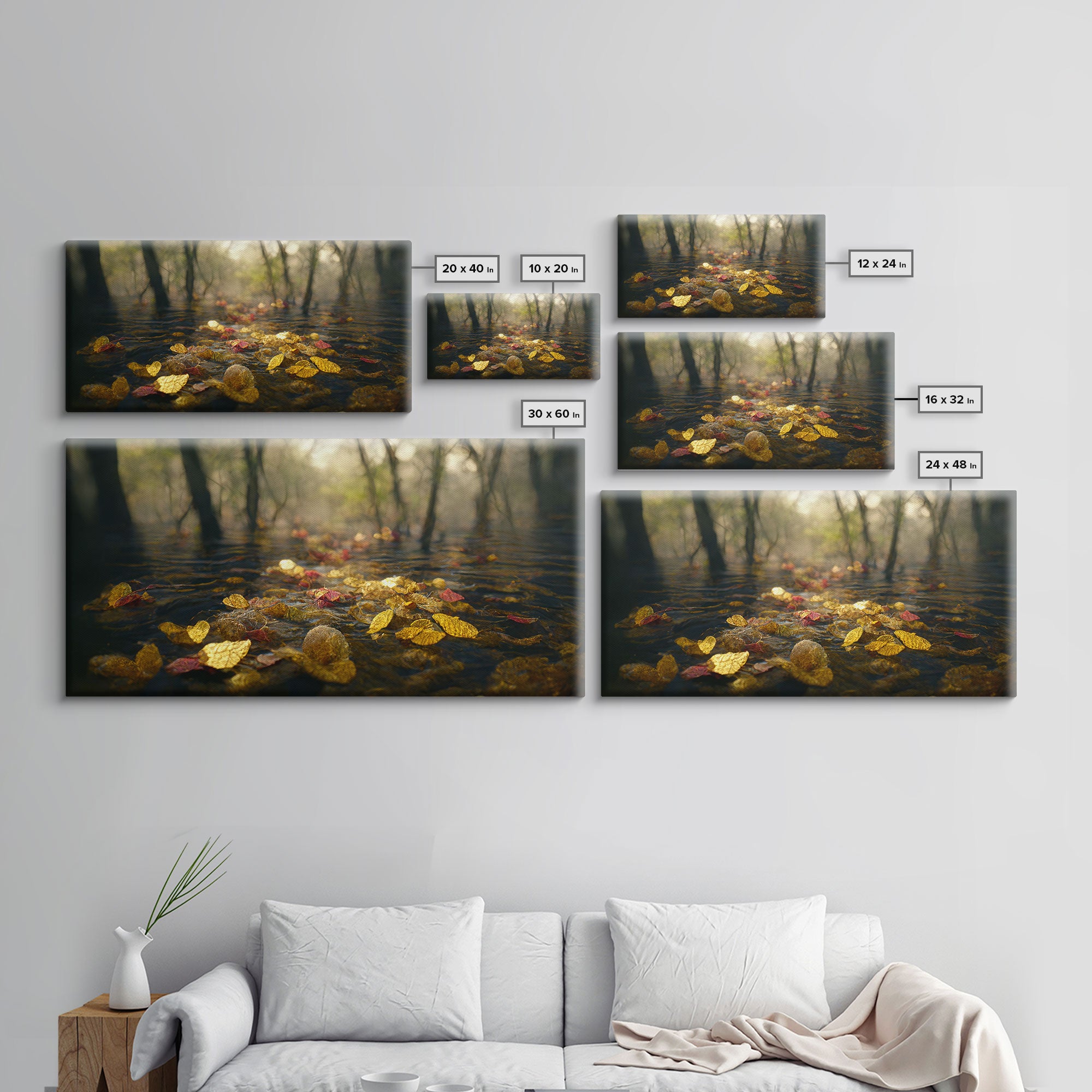 Fall leaves floating down the river, autumn, landscape and nature canvas print, oil painting style, neutral wall art