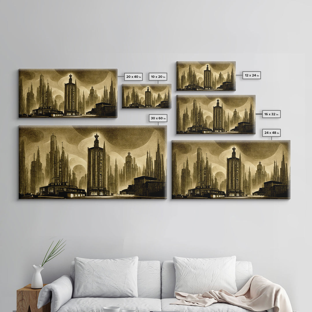 Dystopian Metropolis Art Deco Canvas Print, City Skyline, Fantasy Art, Art Deco Living Room Art, ready to hang wall art