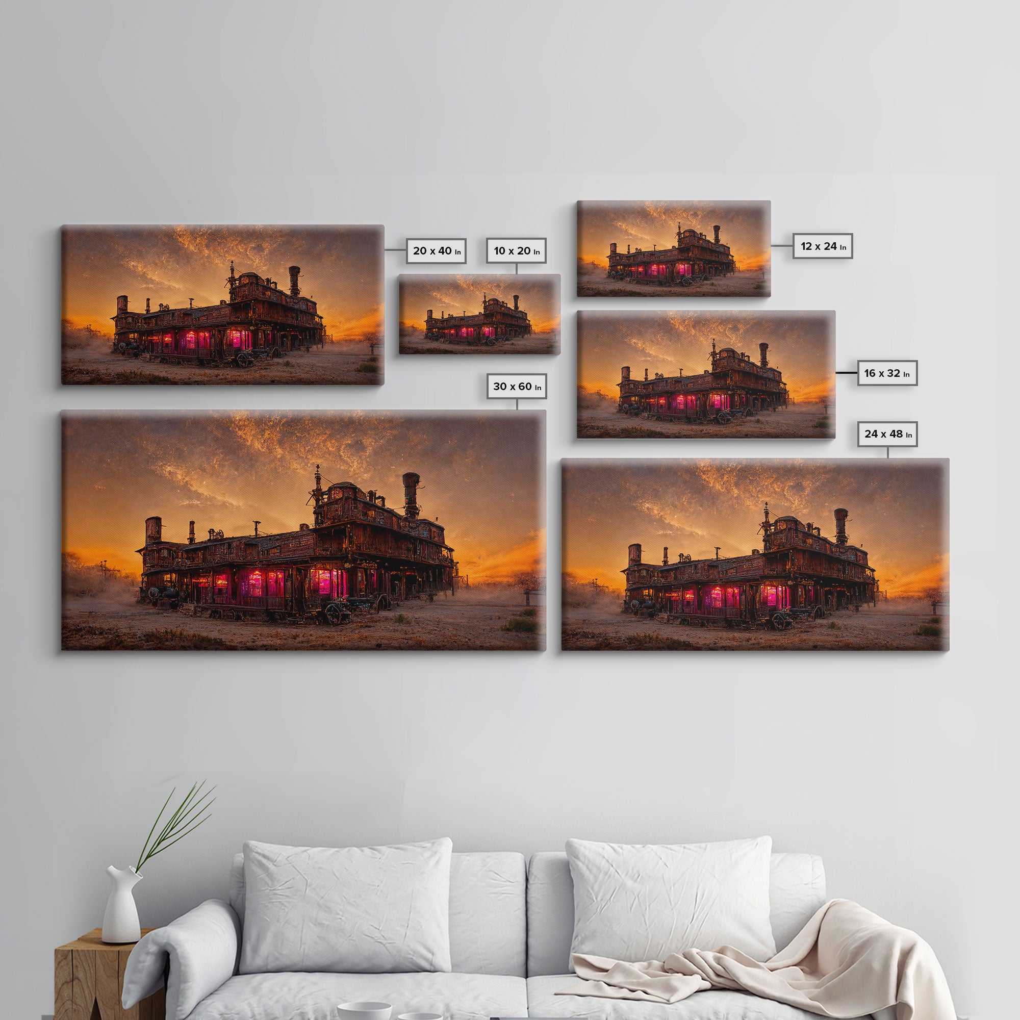 Dystopian steampunk wild west mashup, abandoned wild west saloon art, canvas print, ready to hang wall art