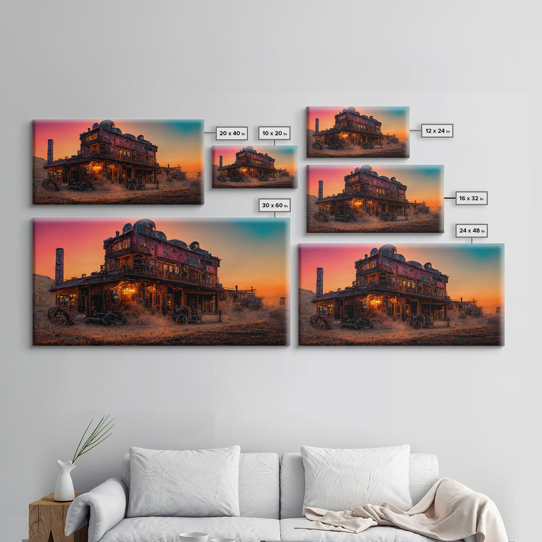 Synthwave Retro Wll Art, Dystopian steampunk wild west mashup, abandoned wild west saloon art, canvas print, ready to hang wall art